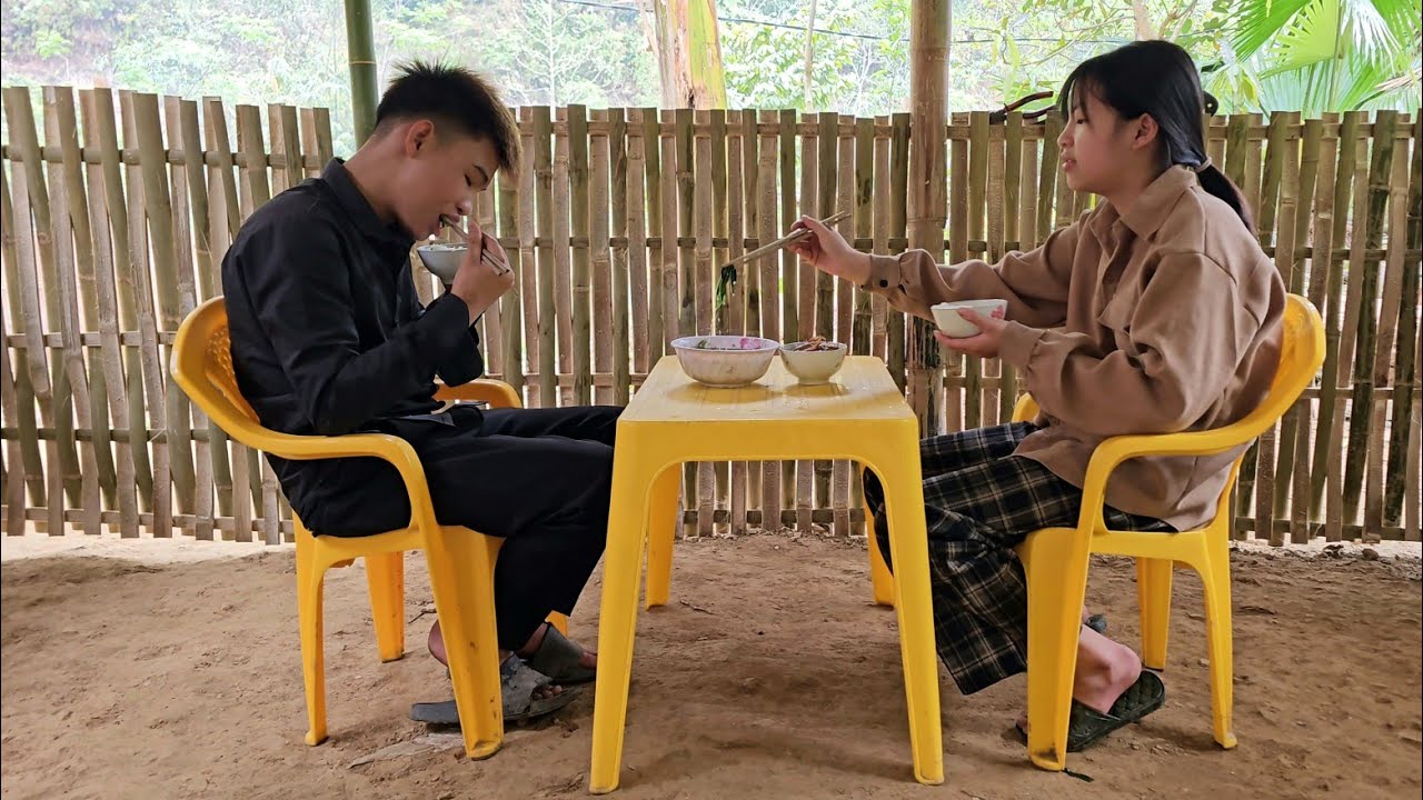 Homeless boy and poor girl complete farm fence, clean and cook