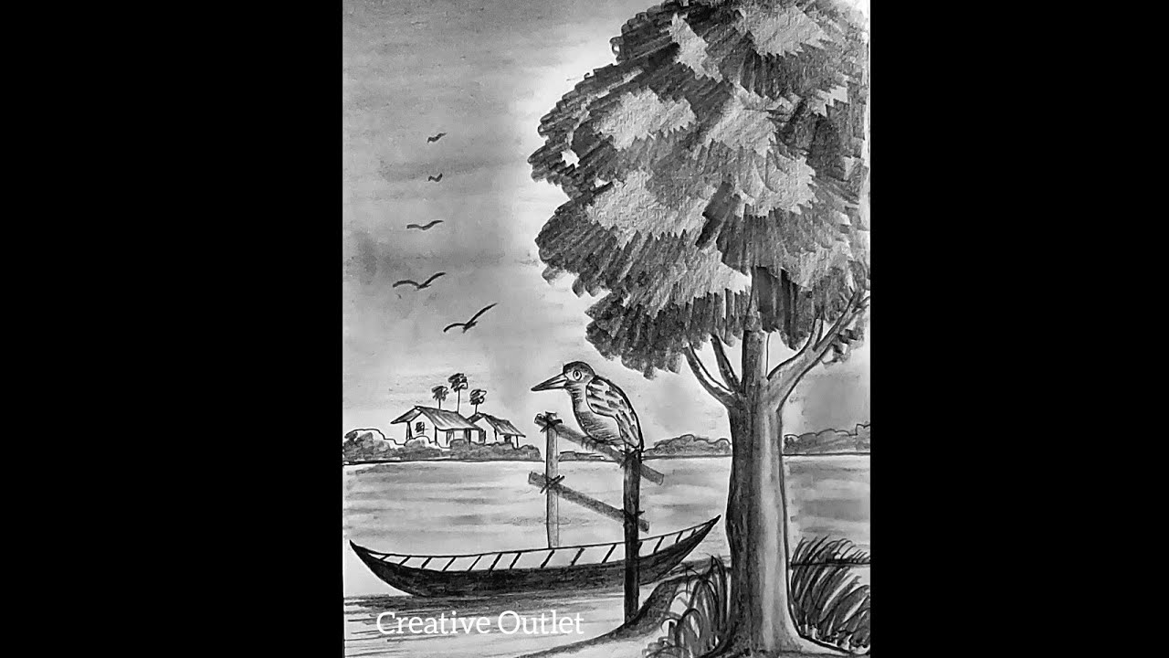 Scenery Sketch For Beginners//Shading //Easy And Beautiful Landscape #creativeoutlet #pencilart