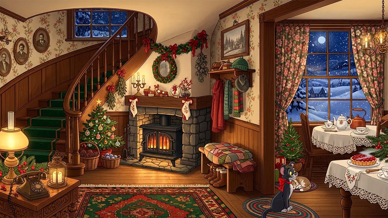 Silent 1950s Christmas Night 🎄 Oldies Playing in Another Room, Cozy Fireplace & Gentle Snow Ambience