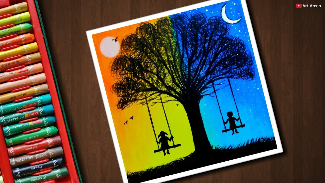 Day and Night scenery drawing for beginners with Oil Pastels - step by step