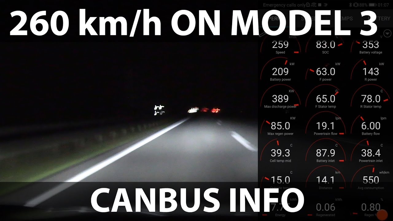 Model 3 driving at 260 km/h with Scan My Tesla info