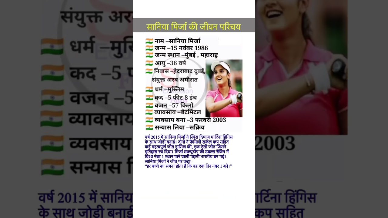 Sania Mirza ka jivan parichay #biography #shortvideo #youtubeshorts #saniamirza
