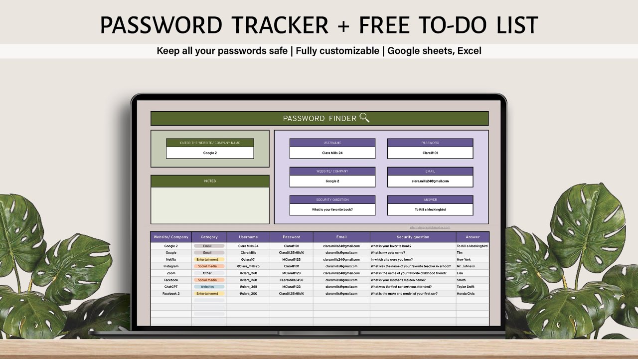 Password tracker spreadsheet| Google sheets & Excel|