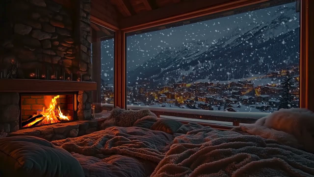 Peaceful Winter Cabin Evening with Soft Piano and Fireplace Ambience for Relaxation
