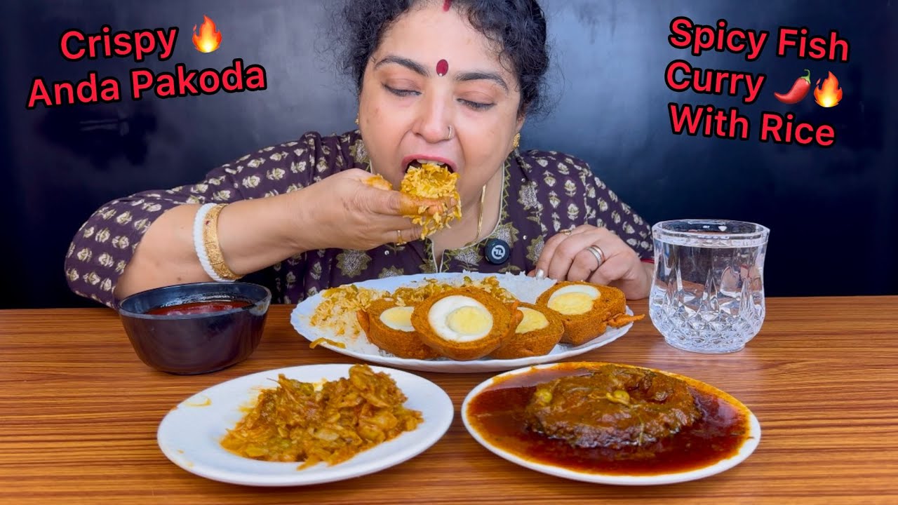 MUKBANG! SPICY FISH CURRY AND CRISPY ANDA PAKODA WITH BASMATI RICE | ASMR EATING SHOW