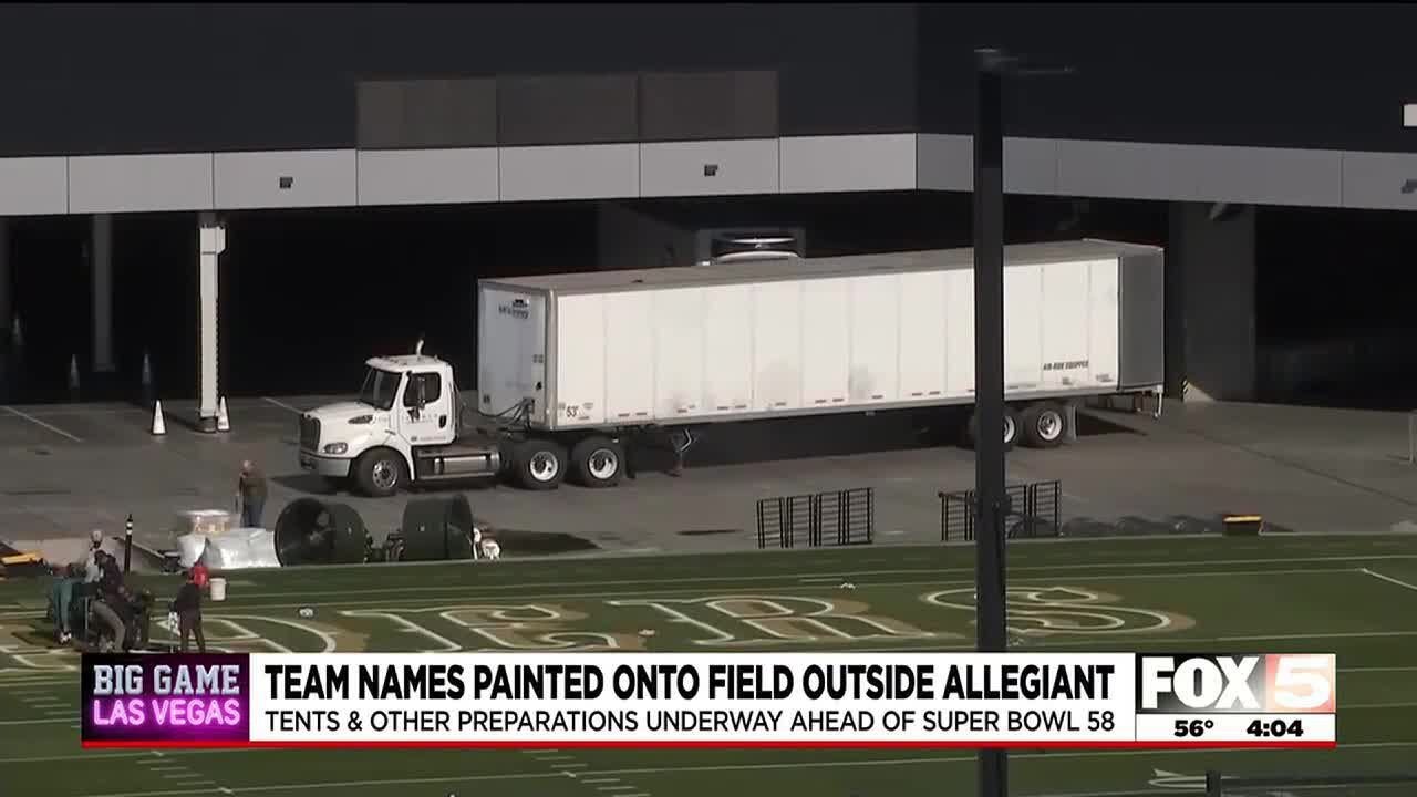 Super Bowl team names painted onto field outside Allegiant Stadium