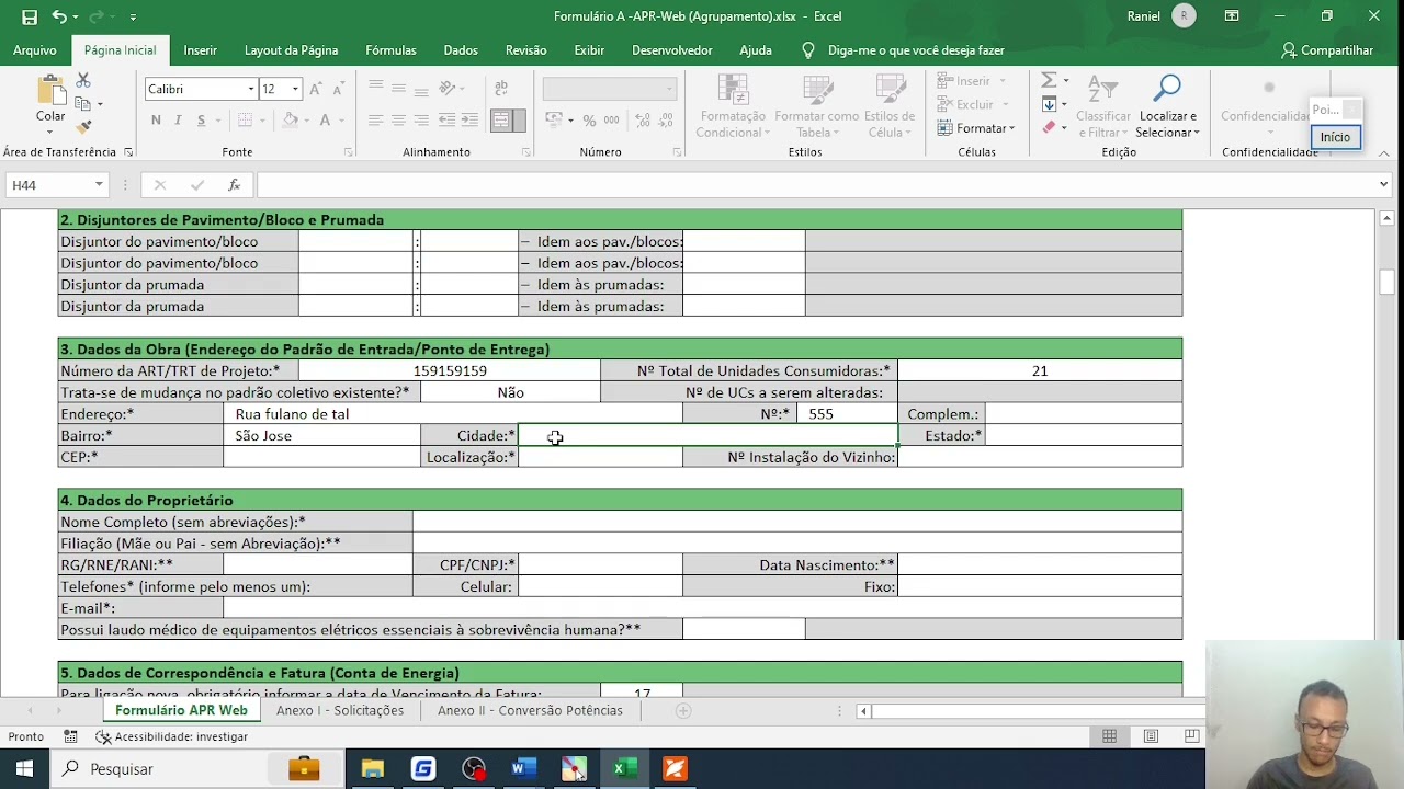 Preenchendo as cargas do formulário projeto padrão Cemig 21 cxs - PT5