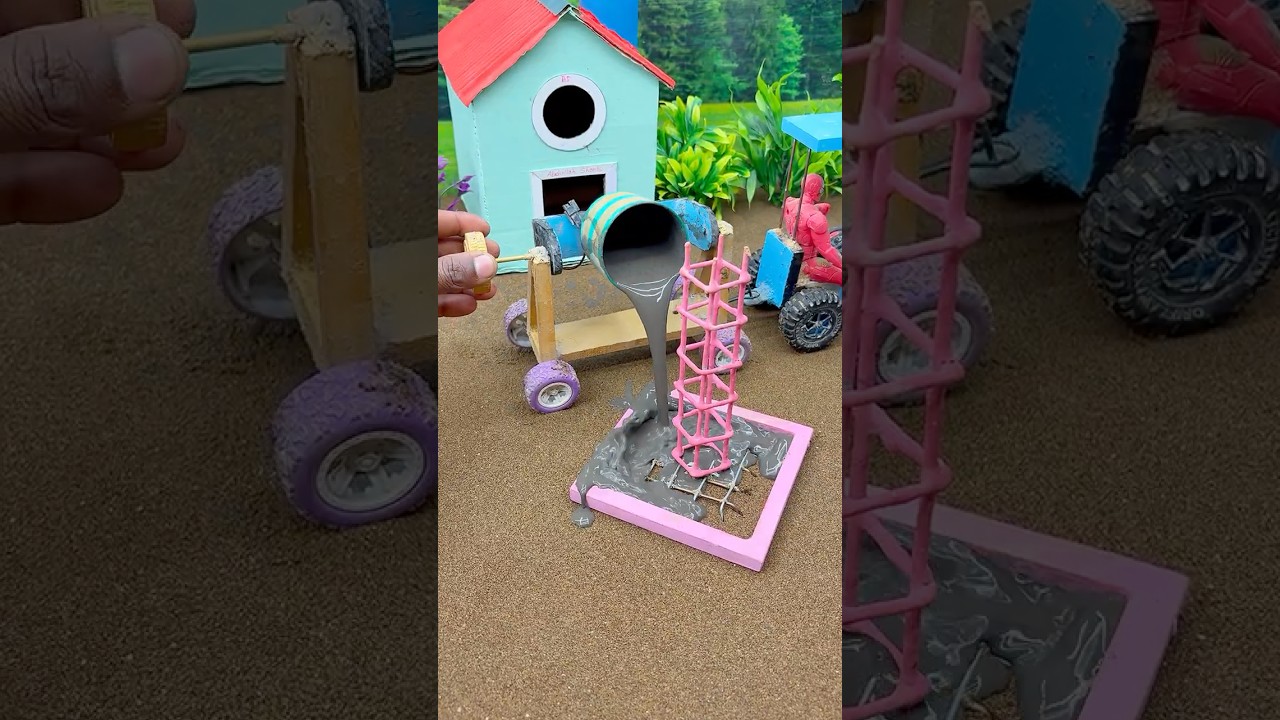 🚜Hand Crank Mini Tractor Mixer Building a Strong Pillar Base Real DIY Construction Magic #shorts