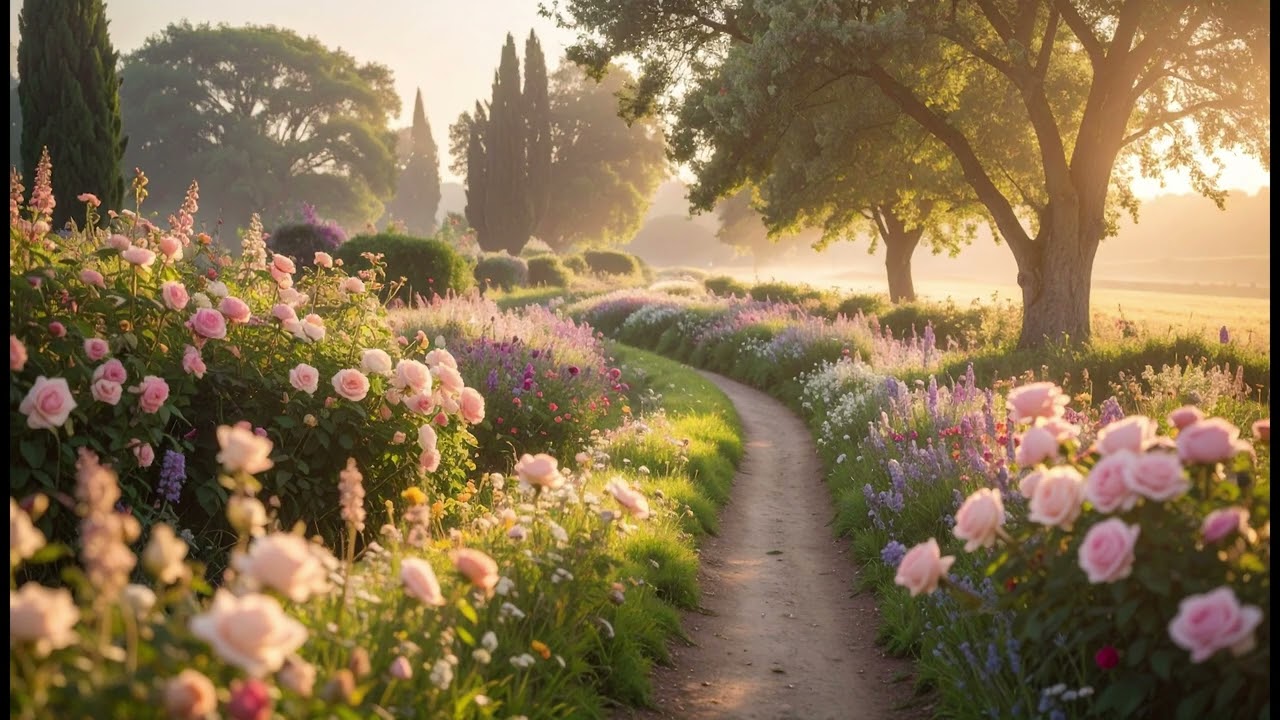 Peaceful Flower Garden Path at Sunrise | Relaxing Nature Scenery for Stress Relief