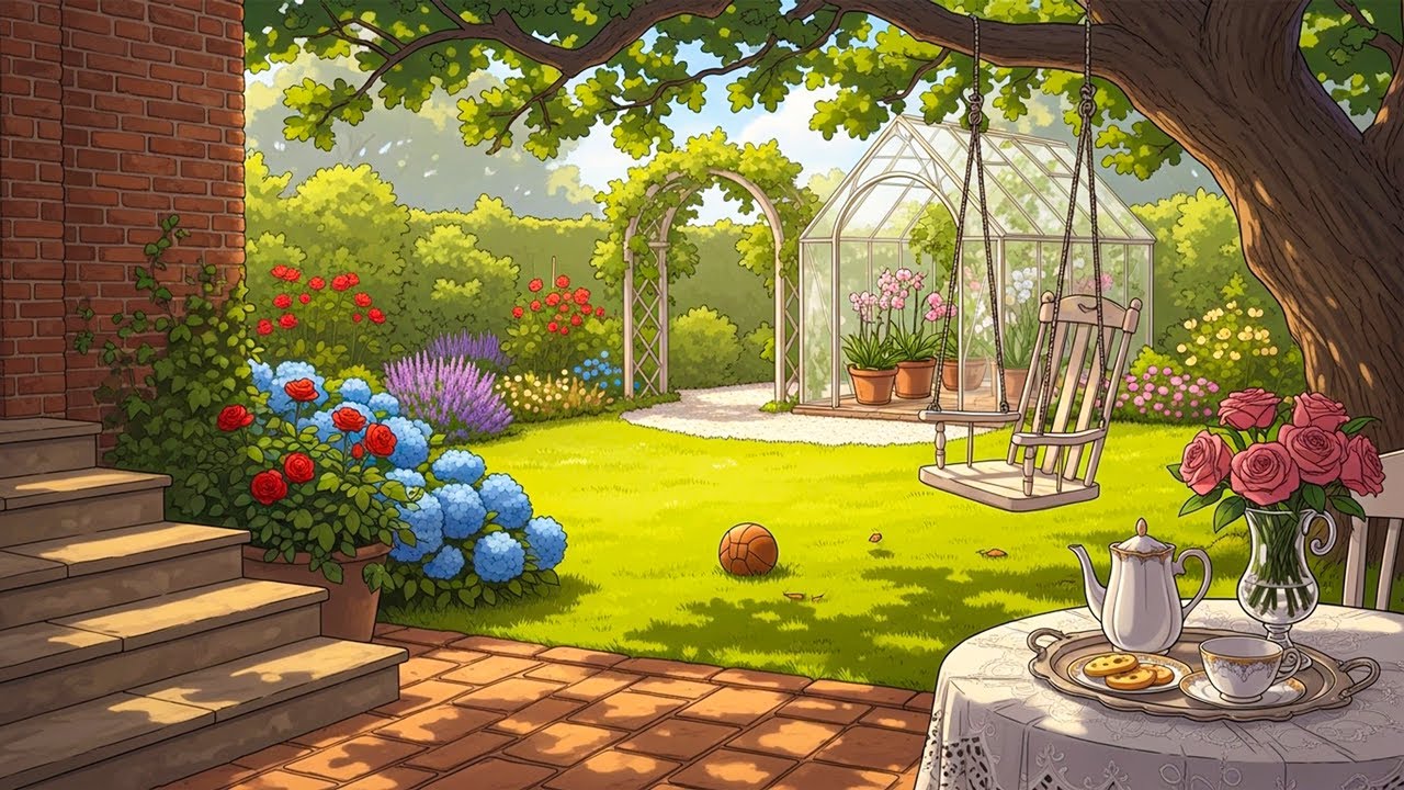 a 1950s garden morning with music oldies playing from another room for relax, study, sleep