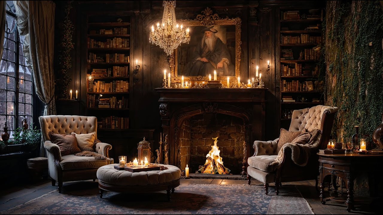 🕯️ Hogwarts Cozy Fireplace 🔥 Soft Wind Sounds | Magical Library Ambience for Relaxation