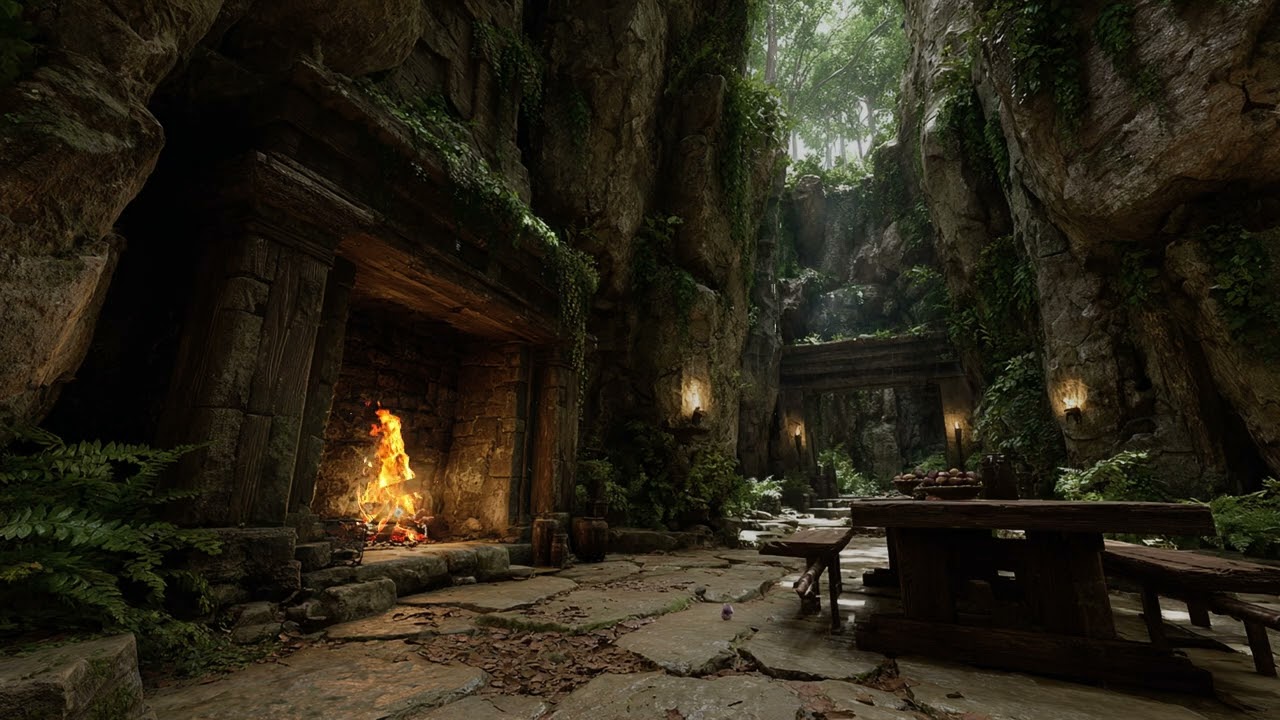 Powerful Rain and Rolling Thunder in a Remote Jungle Cave at Night