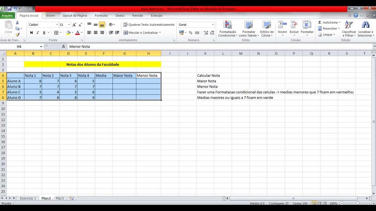Aula 1 - Excel - Calcular média / Nota maior / Nota menor.