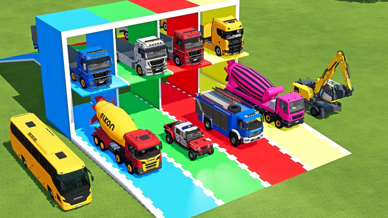TRANSPORTING EXCAVATOR, DUMP TRUCK, BULLDOZER, POLICE CARS TO GARAGE WITH MAN TRUCK - FS22