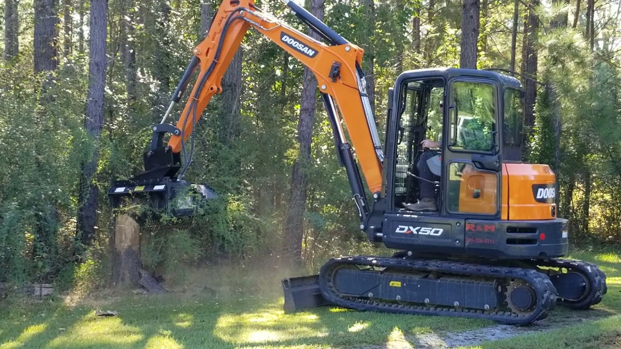 Doosan DX-50 with Brown Bronto Raptor 30 eating a pine tree