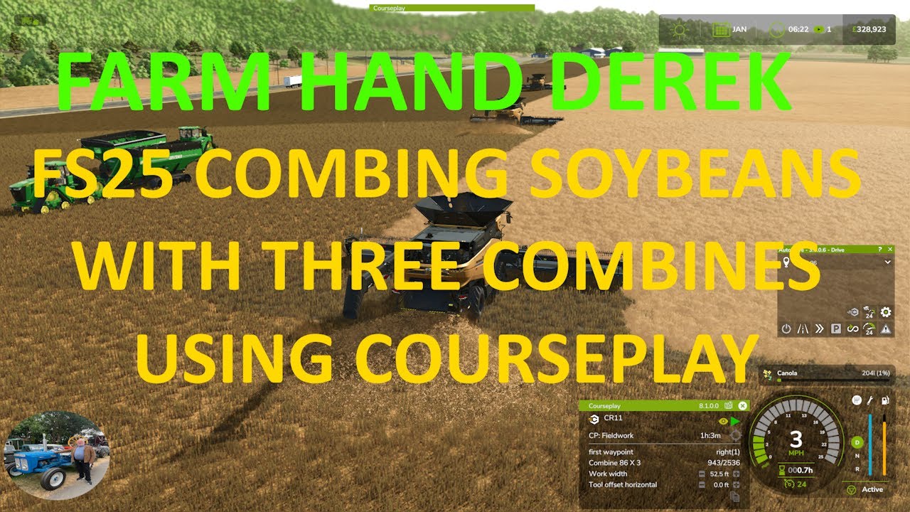 FS25 COMBING SOYBEANS WITH THREE COMBINES USING COURSEPLAY