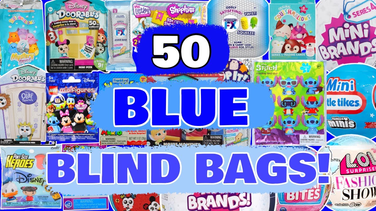UNBOXING 50 BLUE BLIND BAGS!! MINI BRANDS! DOORABLES! REAL LITTLES! L.O.L. SURPRISE! SQUISHMALLOWS!