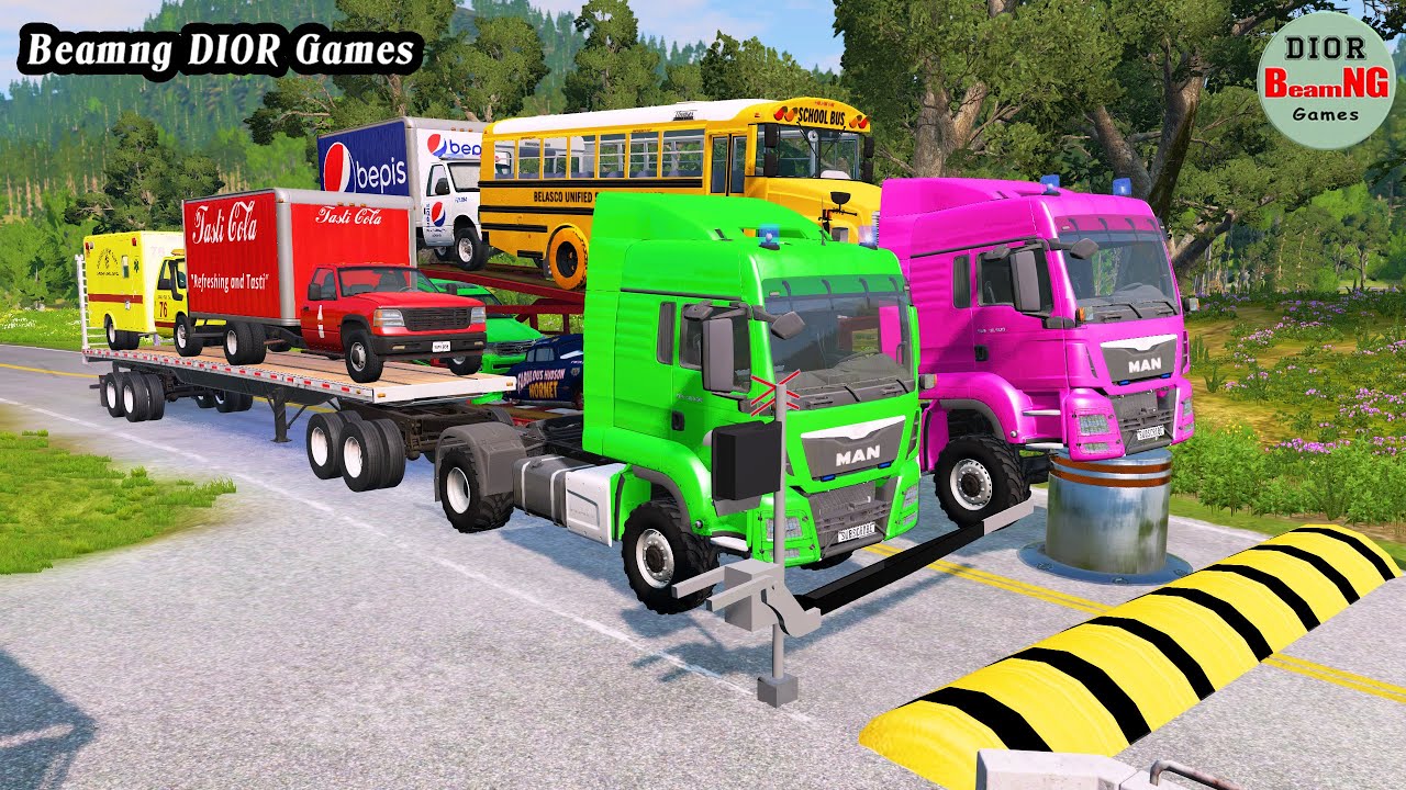 Double Flatbed Trailer Truck vs speed bumps|Busses vs speed bumps|Beamng Drive|1109