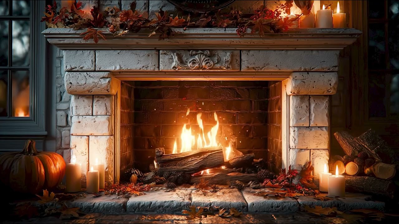 4K November Autumn Fireplace 🍂 Relaxing Jazz Piano and Fireplace Ambience for Focus, Reading & Calm