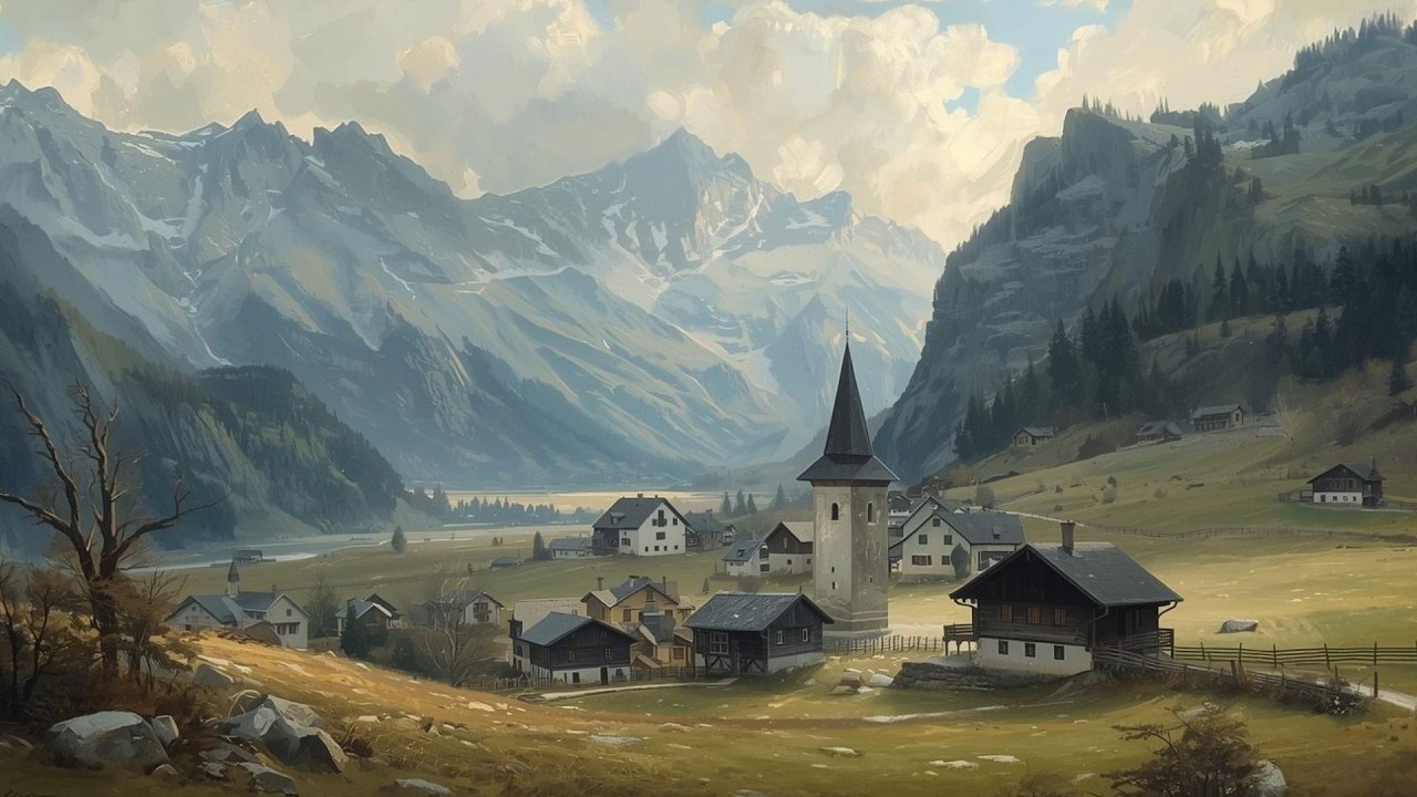 Swiss Alpine Mountain Village Landscape Vintage Painting | Frame TV Art Display | 2-Hour Screensaver