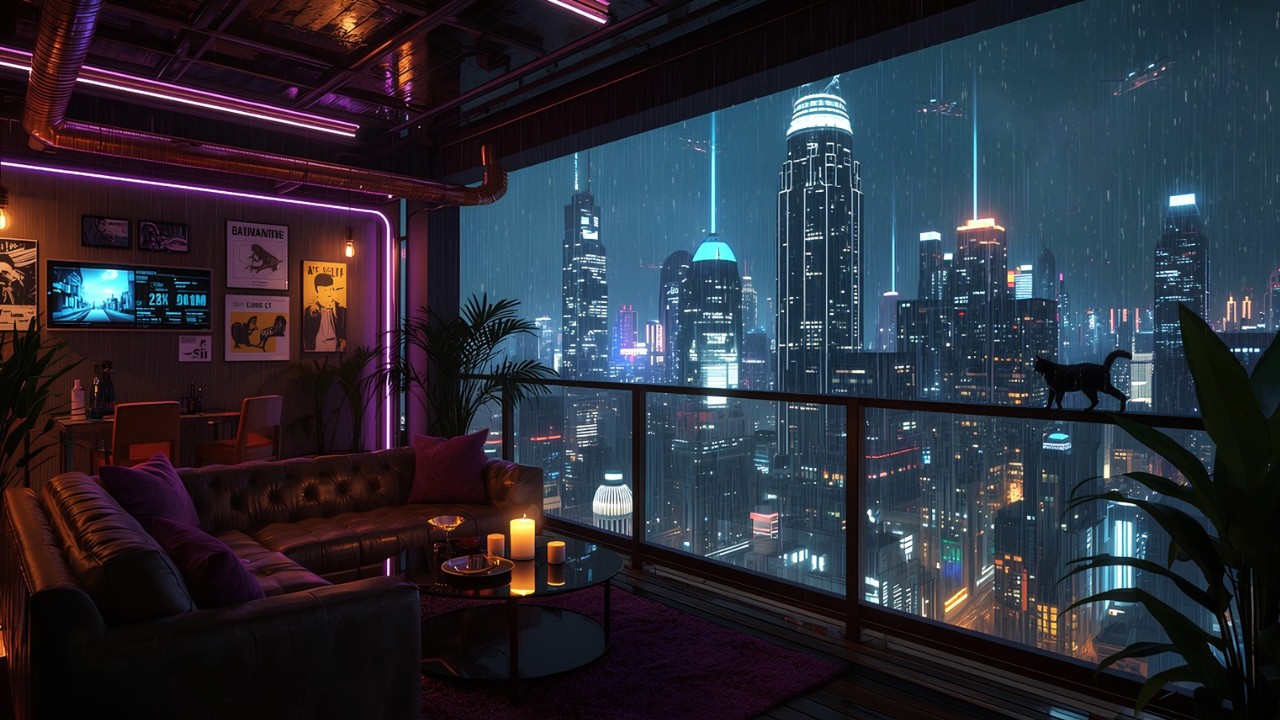 Rainy Neon Balcony 🌧 Midnight Lofi for Deep Focus