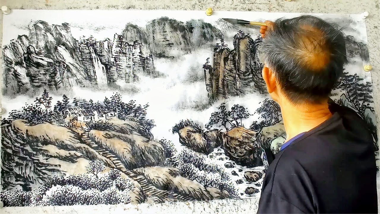 两小时完成一幅山水画作品，一刀没剪、完美呈现绘画过程