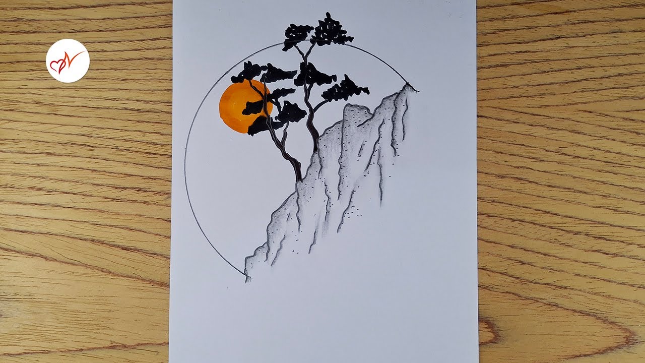 How to Draw Simple Landscape | Tree, Mountain & Sunset Scenery Pencil Drawing