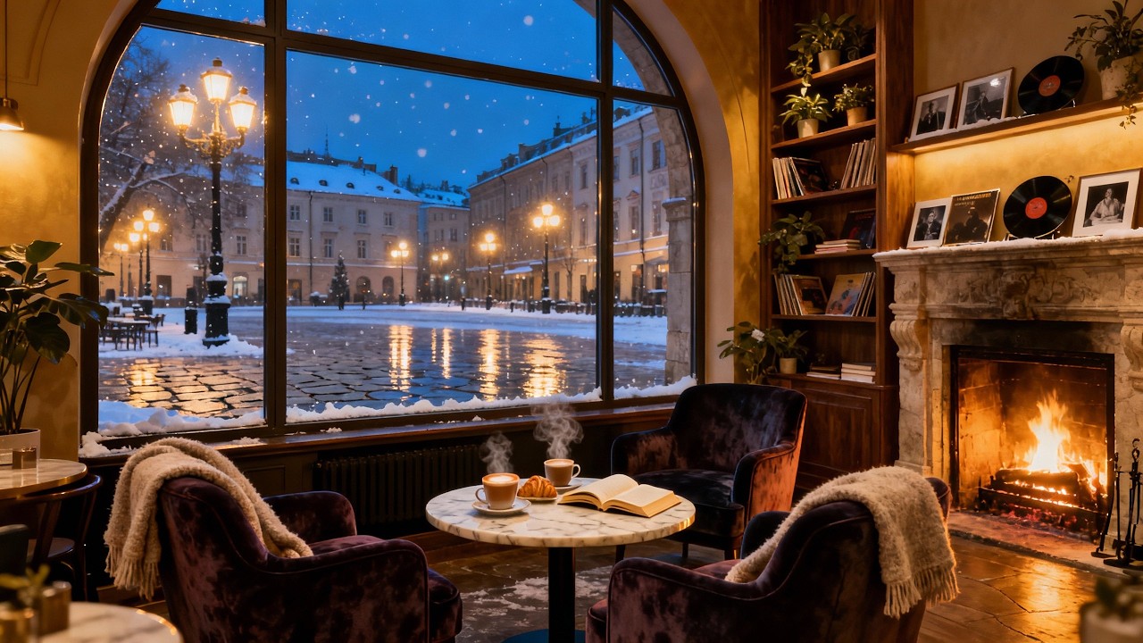 After Hours Winter Coffee Shop ❄️ Calm Piano Jazz & Fireplace Ambience