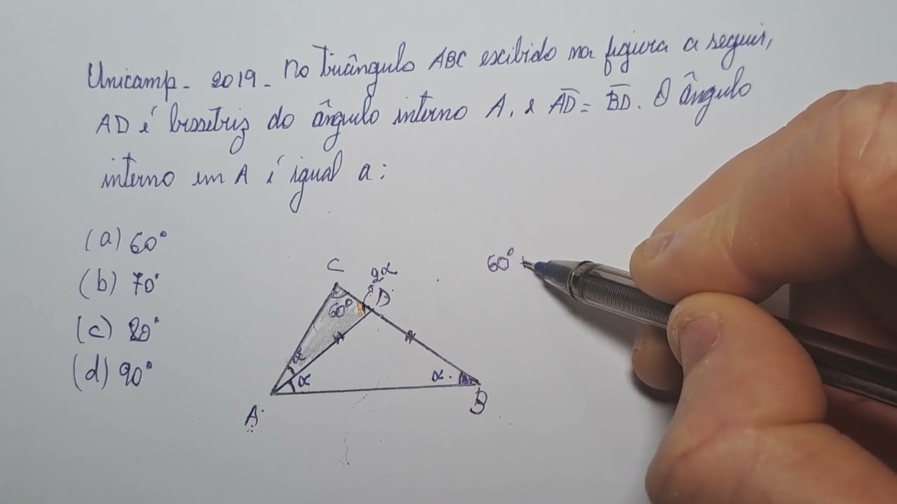 GEOMETRIA PLANA BÁSICA: Questão vestibular Unicamp sobre cálculo de Ângulo interno de um triângulo. 
