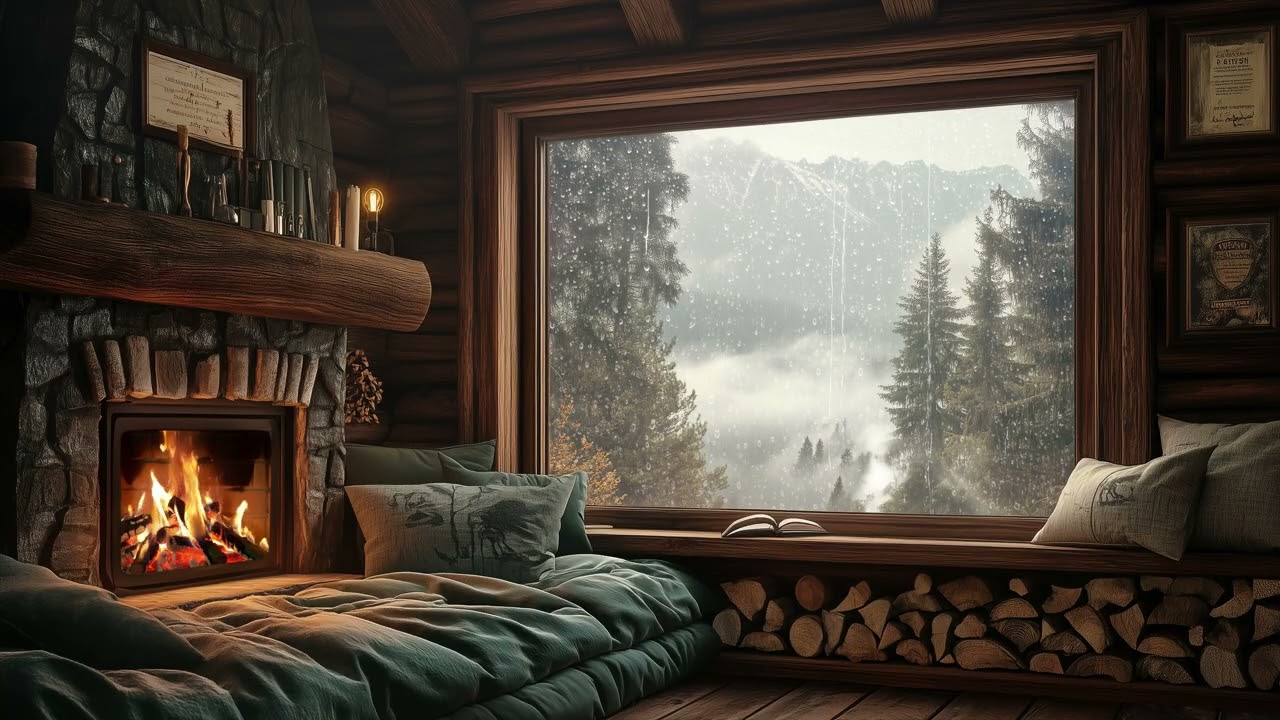 3 Hours in a Rainy Mountain Cabin | Cozy Rain & Fireplace Sounds for Relaxation and Deep Sleep (4K)