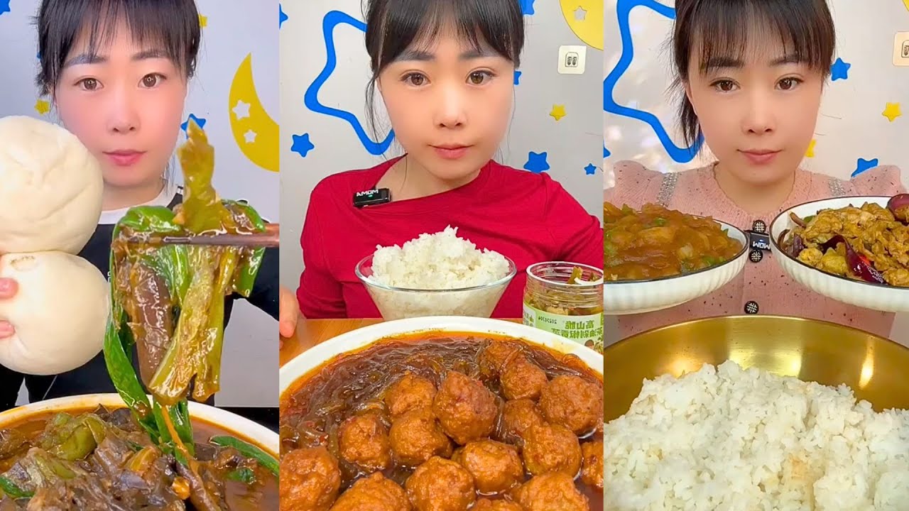Steamed Buns, Glass Noodles with Meatballs, Rice Mukbang Meal