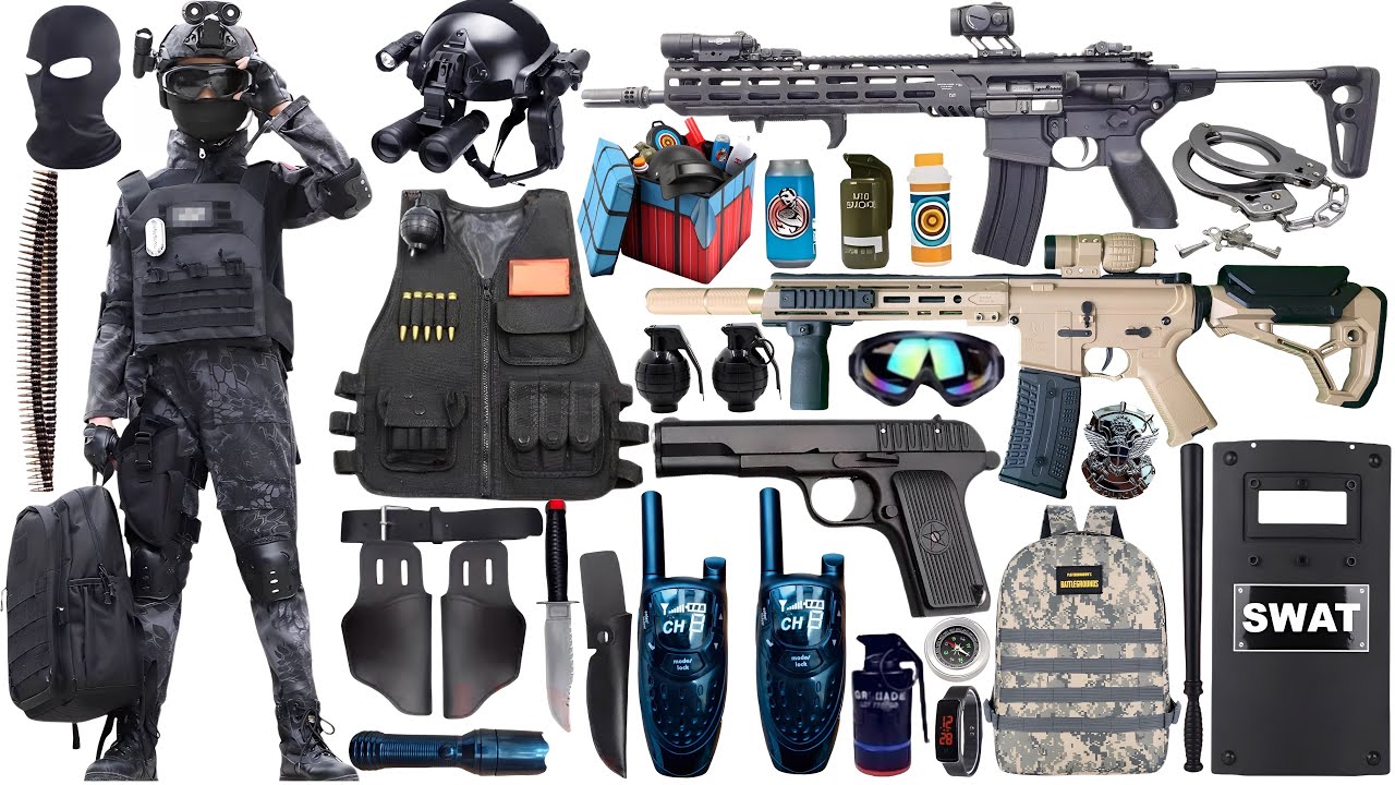 Special Forces military toy gun set unboxing, Assault rifle, tactical helmet, Glock pistol, shield