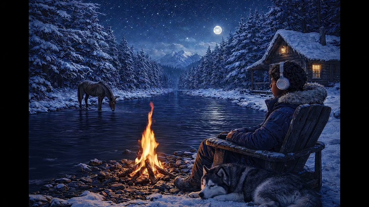 10 Hours of Winter River Campfire 🔥❄️ | Deep Sleep, Calm Mind, Night Ambience.