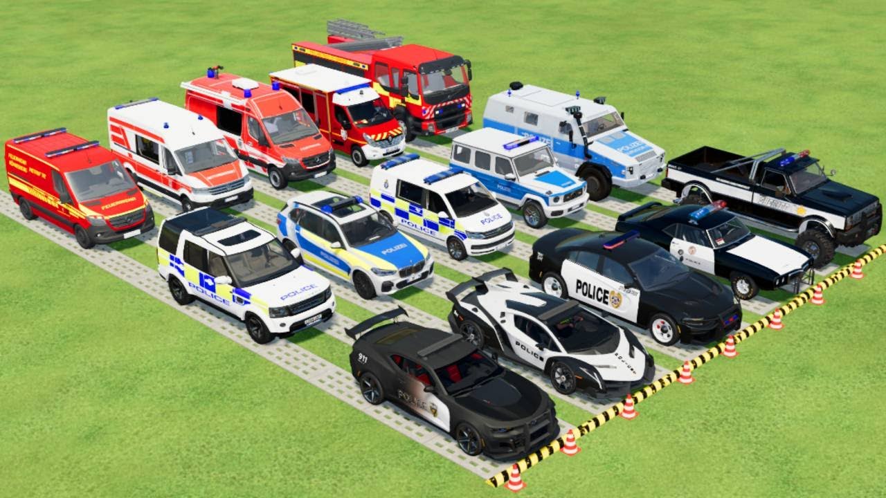TRANSPORTING ALL POLICE CARS, AMBULANCE, FIRE TRUCK, COLORFUL CARS WITH TRUCK -FARMING SIMULATOR 22!