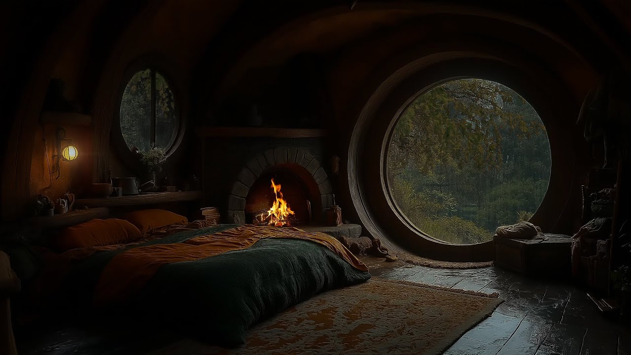 Ultra-Relaxing Hobbit Bedroom | 8 Hours of Rain on the Window & Warm Hearth 🔥 ASMR