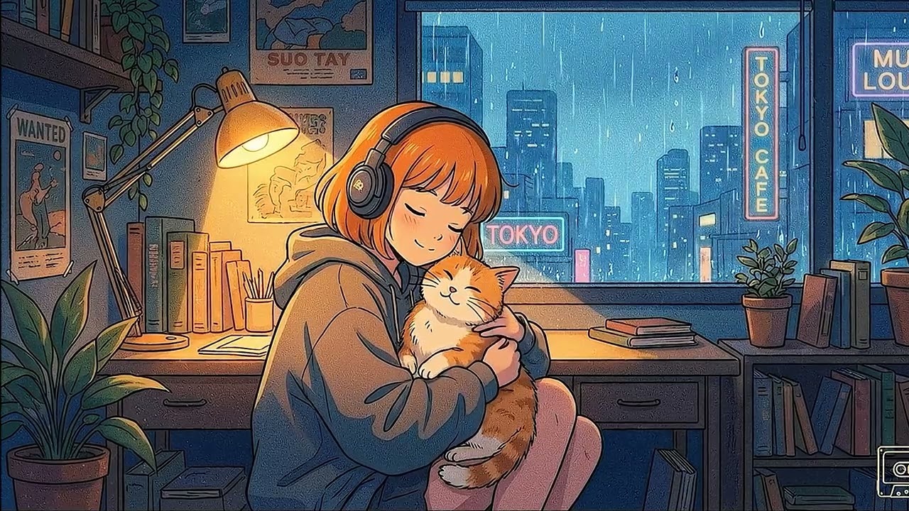 Want to Relax in 4 Hours? Try This LOFI Music with Girl, Cat and Rain