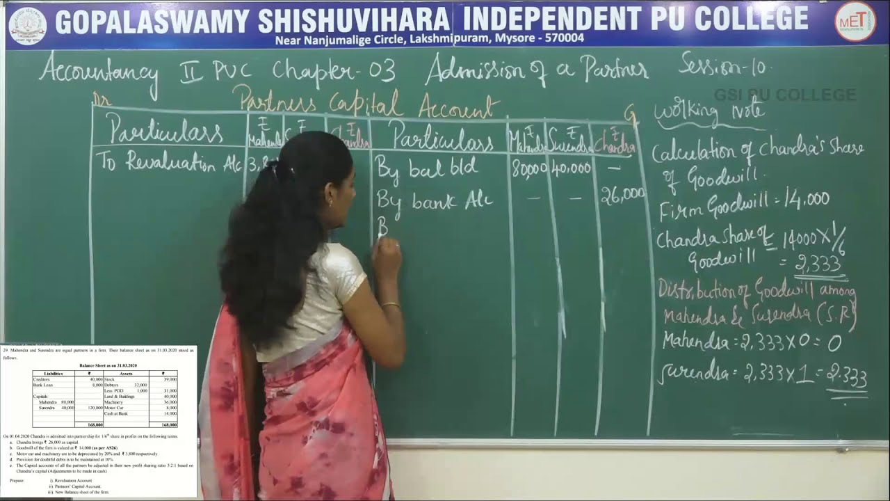 ACCOUNTANCY | ll PUC | CH 03 | ADMISSION OF A  PARTNER - 12 MARKS PROBLEM | S10