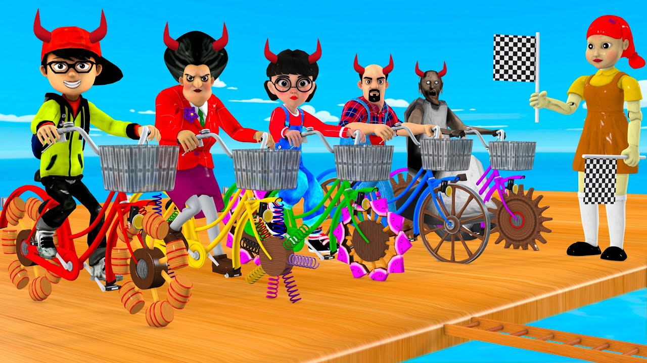 Scary Teacher 3D vs Squid Game Bicycle Climbing Wooden Ladder Transforming 5 Times Challenge