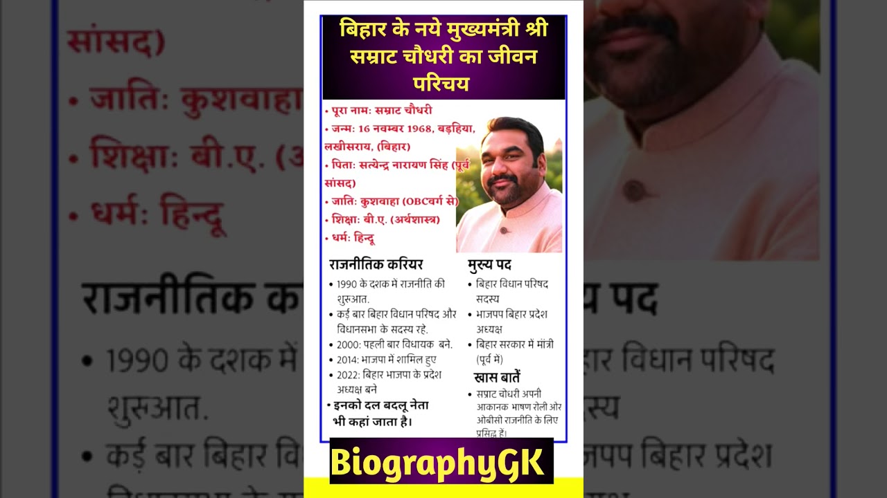 बिहार के मुख्यमंत्री सम्राट चौधरी का जीवन परिचय।। Samrat Choudhary Biography। #samratchaudhary #gk