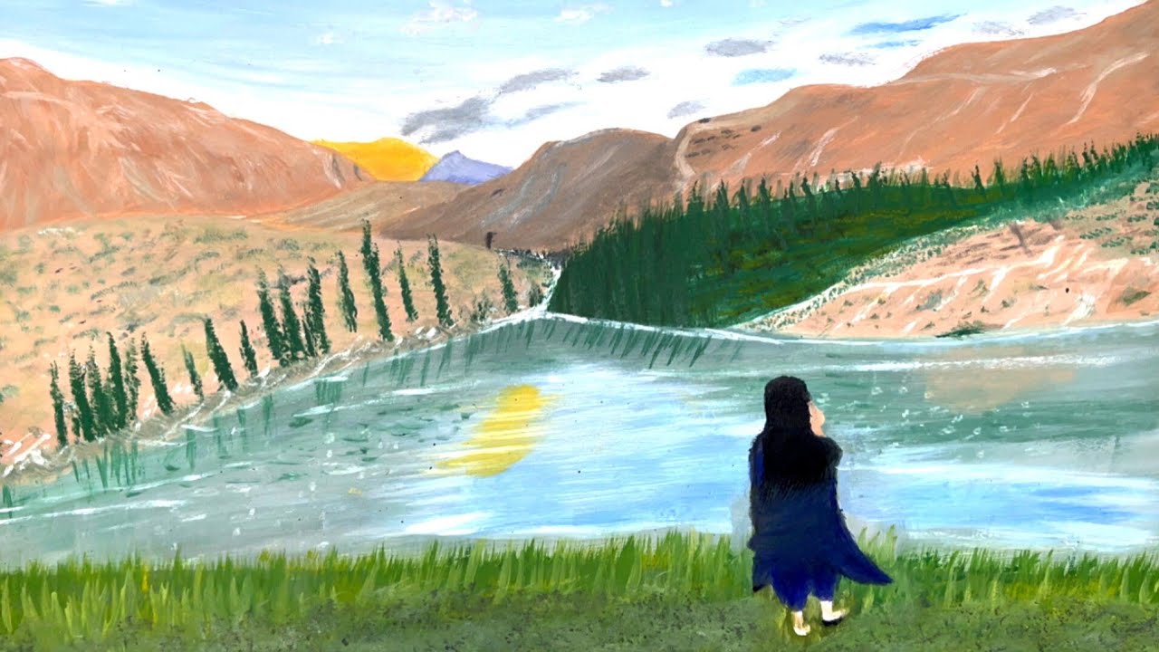 Serenity by the Lake Peaceful Mountain Landscape Painting  Sunset Reflection Art