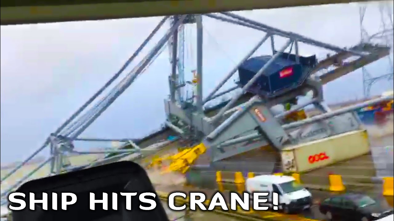 Ship breaks LOOSE during STORM and HITS container CRANE !!
