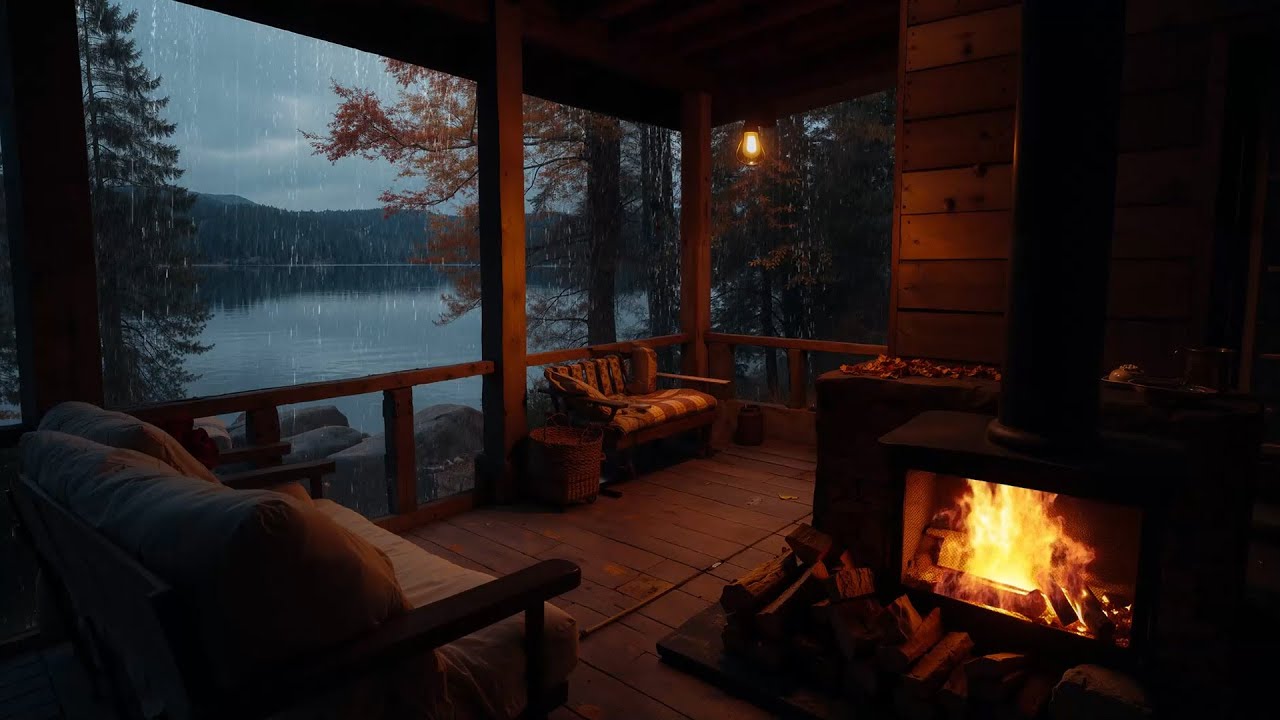 Rain on Porch and Fireplace Crackling | Cozy Cabin by the Lake on Rainy Day