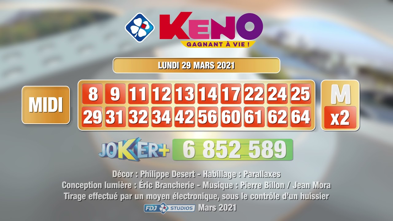Tirage du midi Keno gagnant à vie® du 29 mars 2021 - Résultat officiel - FDJ