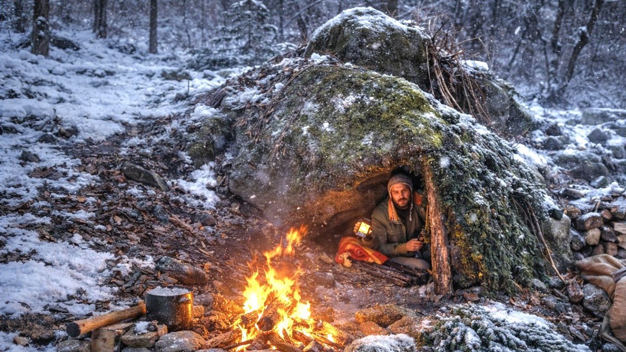 Building Primitive Cave Shelter, Survival Camping Alon in Snow