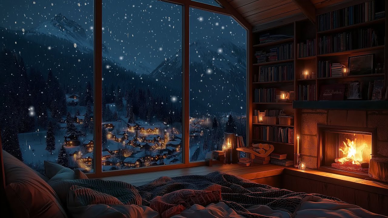 Winter Cabin Library Ambience 📚 Snowy Mountain View and Warm Fireplace for Study and Sleep