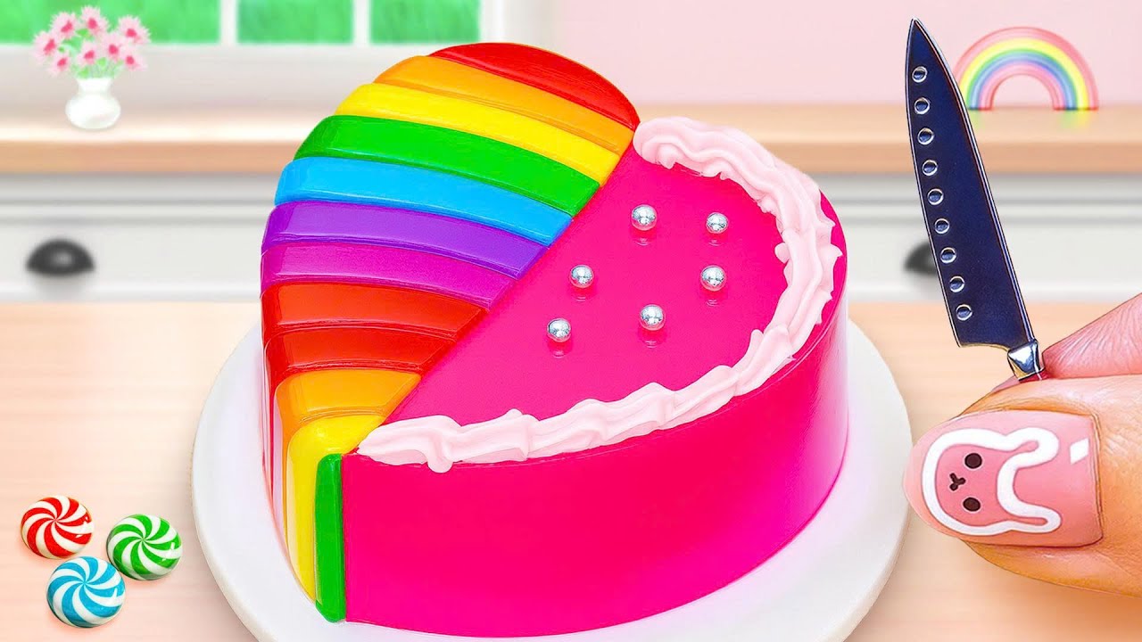 Mini Rainbow Cake Recipe With Colorful Hearts🌈💖Satisfying Rainbow Cake Decoration Ideas