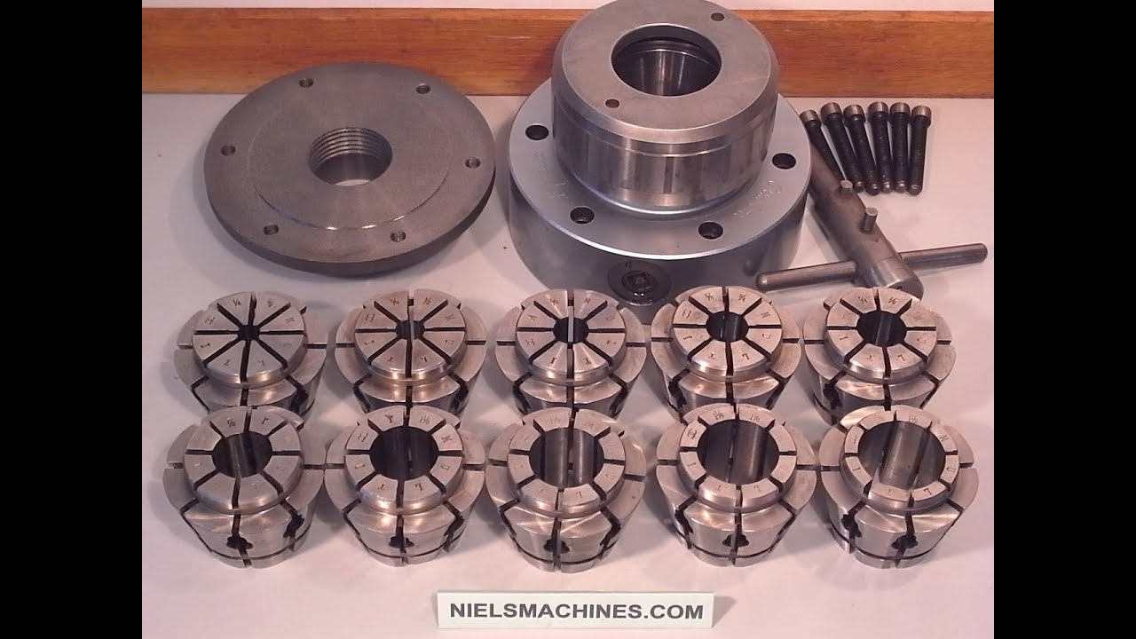 Crawford manual key operated hydraulic collet chuck with wide range multibore collets set