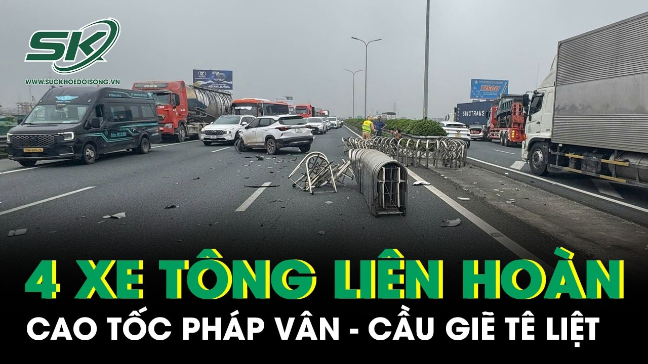 Cao tốc Pháp Vân - Cầu Giẽ tê liệt vì 4 ô tô va chạm liên hoàn, một xe văng qua dải phân cách