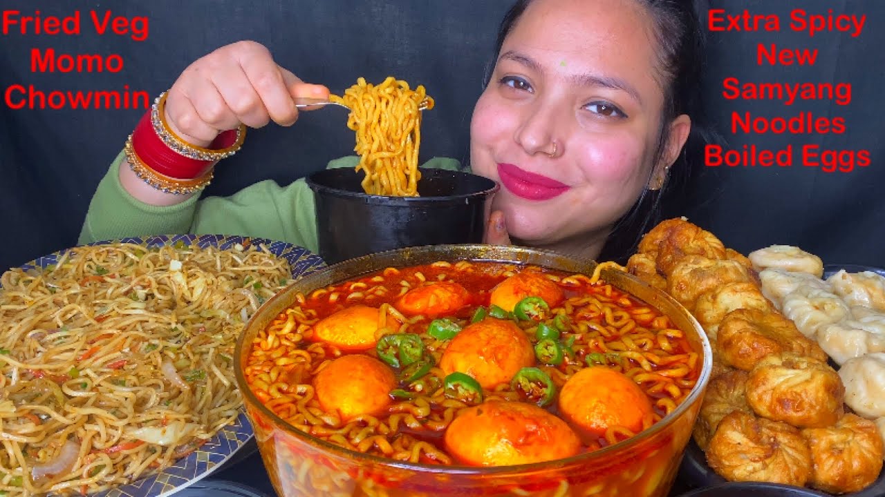 Eating Spicy 🔥 Samyang Lime Noodles Boiled Eggs, Fried Momo, Chowmin, Momo | Spiciest Noodles Asmr