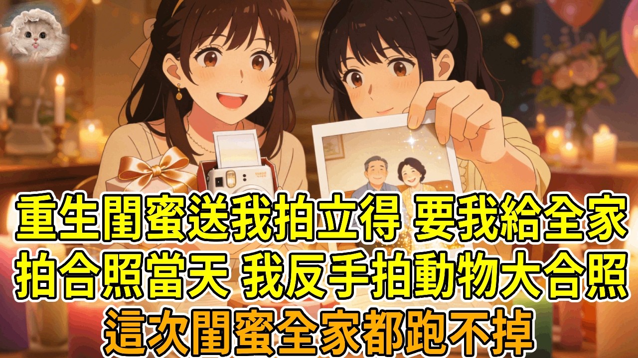 上一世，生日當天閨蜜送拍立得，我開心給家人拍全家福。一周後，媽媽車禍 爸爸中風癱瘓、公司破產，我一夜白頭，被男友嫌晦氣。找閨蜜傾訴，才知她家財千萬、父母安康。雙重打擊下，我被車撞。重生回送禮這天！